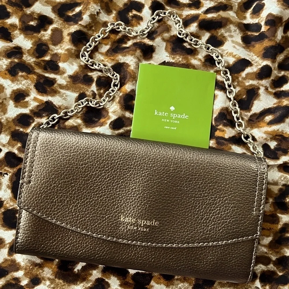 Brand New KATE SPADE Leather Eva Wallet Clutch Chain Shoulder Bag Ash Metallic